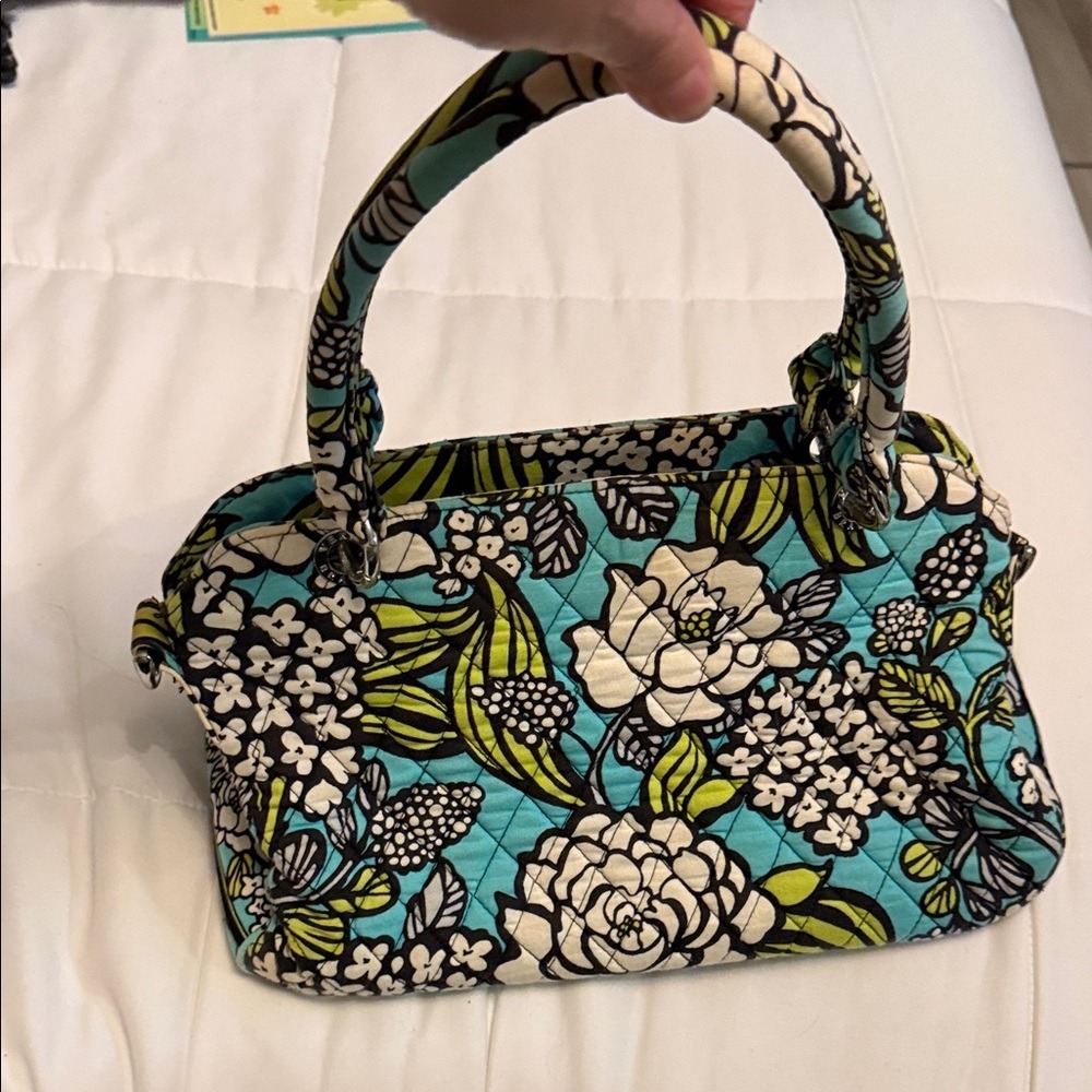 Vera Bradley Island Blooms Floral Quilted Cotton Satchel Handbag Blue Green